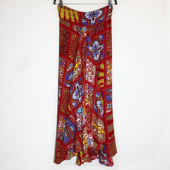 Retro Earthbound Trading Co. Boho Red Print Wide Leg Maxi Split Skirt Size M - Picture 2 of 7